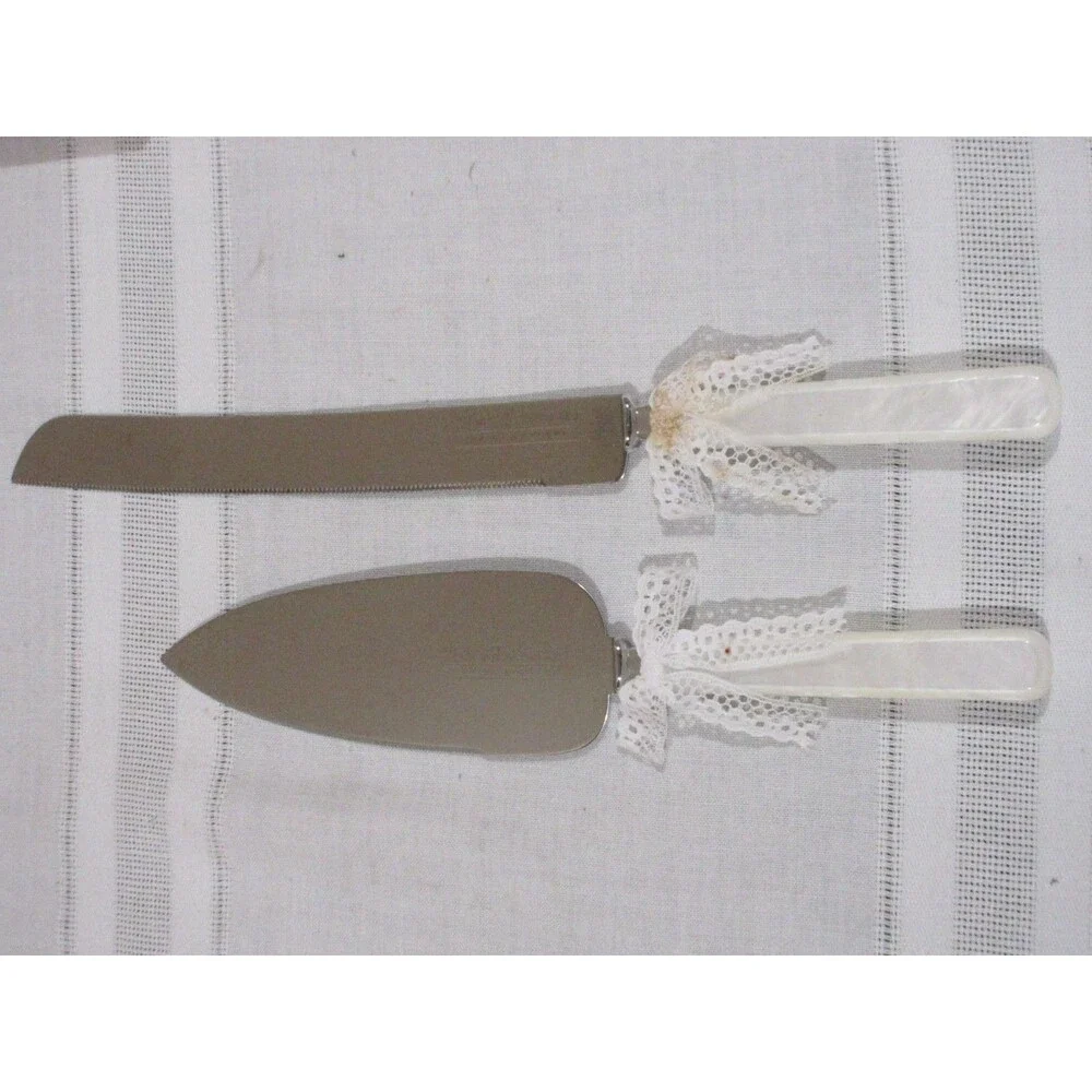 Bridal Knife Cake Cutting Set Loves Remembrance Stainless Steel Pearlized